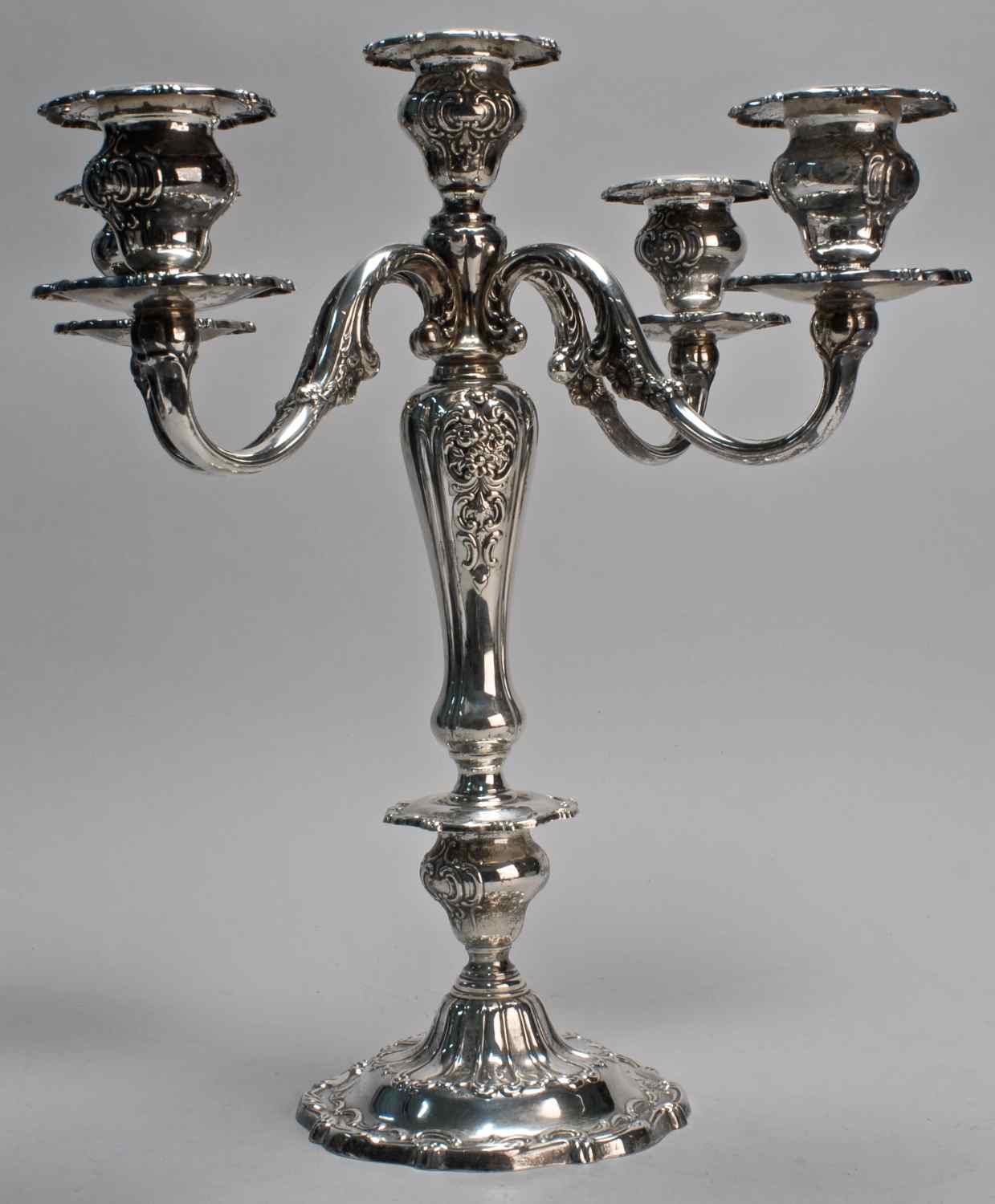 Appraisal: GORHAM STERLING SILVER WEIGHTED FIVE-SOCLE CANDELABRUMWith floral and swirl design