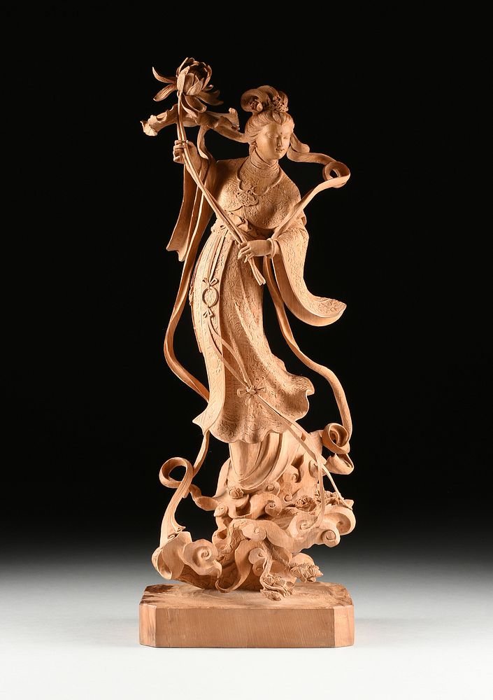 Appraisal: A LARGE CHINESE TAIWANESE WOOD SCULPTURE OF LAN CAIHE CIRCA