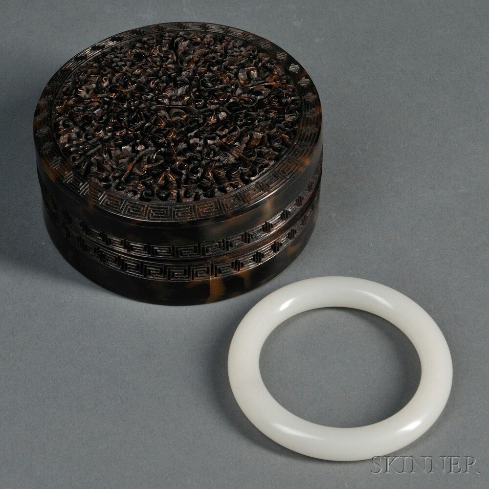 Appraisal: White Glass Bangle in Faux Reticulated Tortoiseshell Box China cover