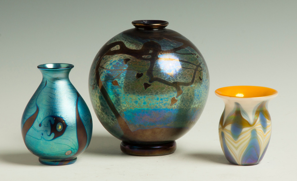 Appraisal: Three Art Glass Vases Sgn Lundberg Studios vase with fish