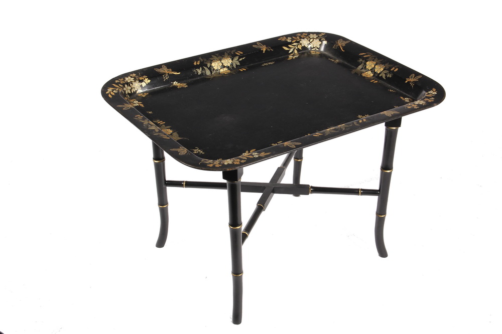 Appraisal: TRAY ON STAND - th c Black Lacquered Papier Mache