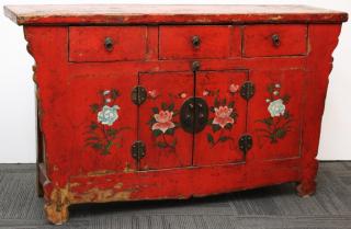 Appraisal: Chinoiserie Red The front with pink lotus blossoms and blue