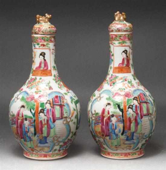 Appraisal: Pair of Chinese Export Rose Mandarin porcelain bottle-form vases mid