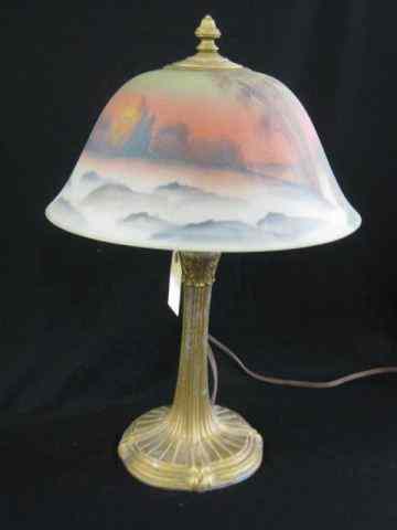 Appraisal: Antique Reverse Painted Lamp winter sunset scene frosted textured exterior