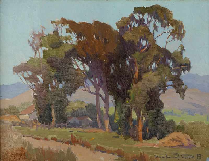 Appraisal: Cottages in the shadow of eucalyptus trees oil on canvas