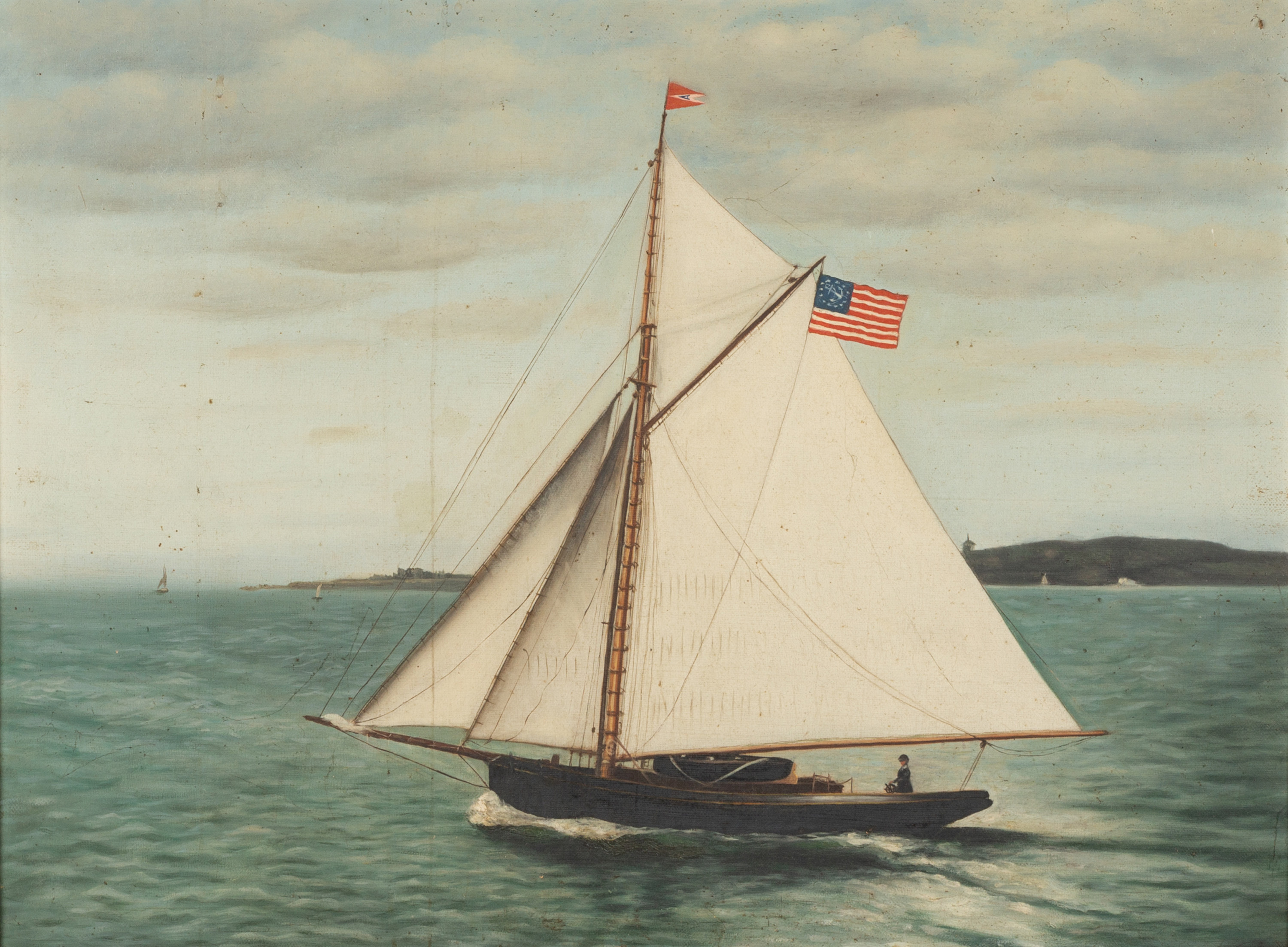 Appraisal: TH CENTURY SAILING VESSEL PAINTING WITH AMERICAN FLAG Oil on