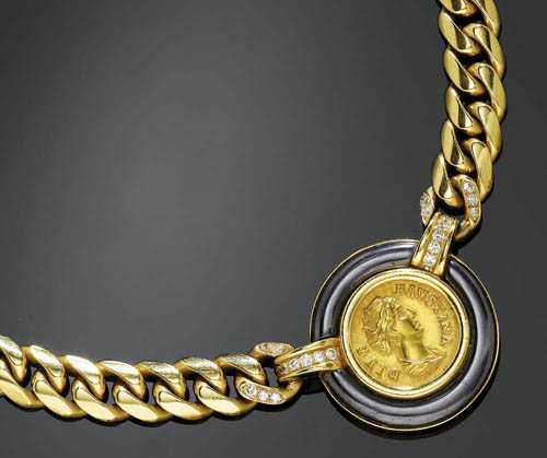 Appraisal: COIN HEMATITE AND BRILLIANT-CUT DIAMOND NECKLACE BULGARI Yellow gold Classic-casual