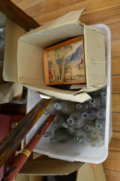 Appraisal: A BOX OF ASSORTED ITEMS INCL VINTAGE BOTTLES ABORIGINAL ITEMS