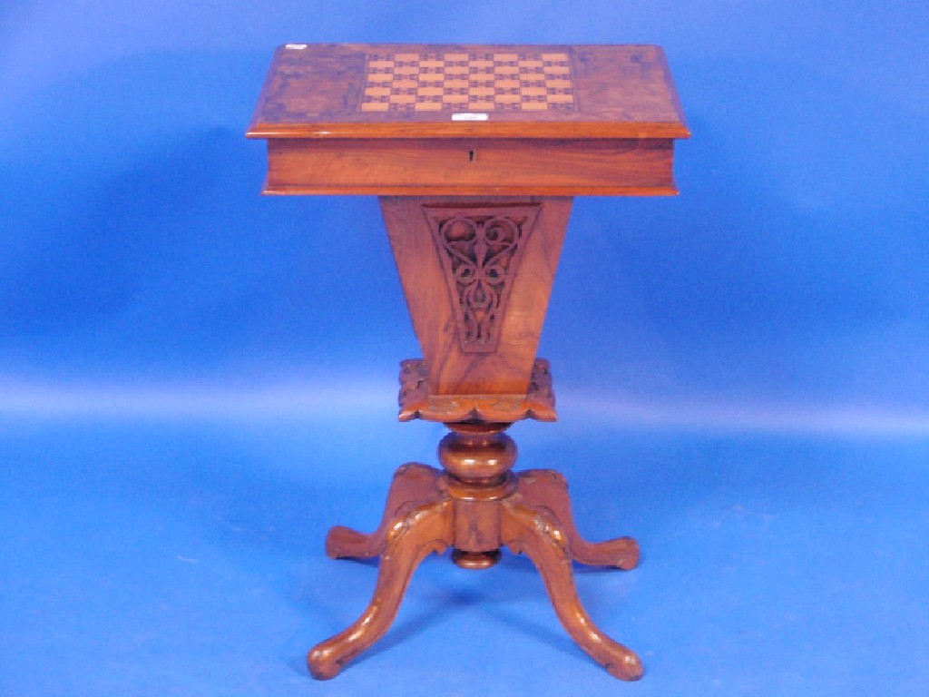 Appraisal: A Victorian figured walnut games work stand the rectangular hinged