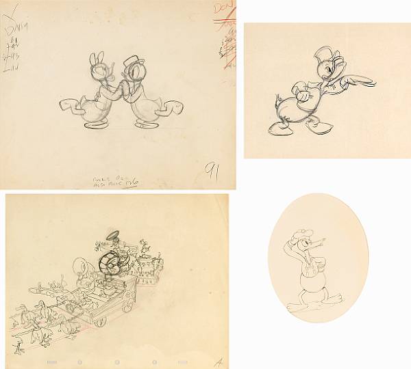 Appraisal: Four Walt Disney drawings of Donald Duck pencil on paper