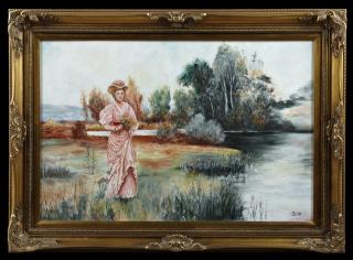 Appraisal: J Grima Lady Picking Wildflowers by the River th c