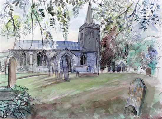 Appraisal: Richard Bawden b watercolour Polstead church signed Chappel Galleries label