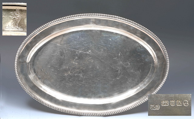 Appraisal: A GEORGE III SILVER OVAL SERVING DISH with gadrooned edge