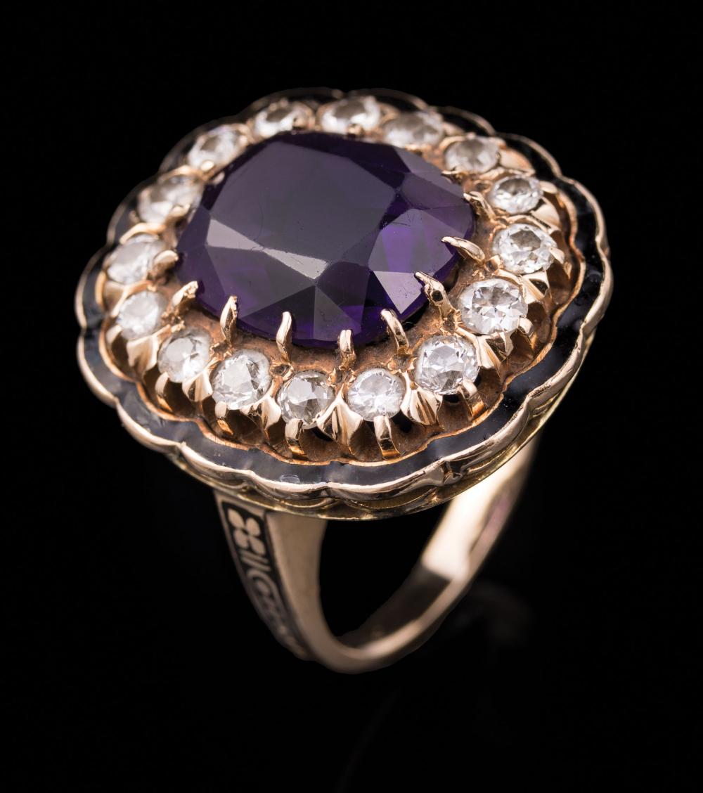 Appraisal: kt Yellow Gold Amethyst Diamond and Black Enamel Dinner Ring