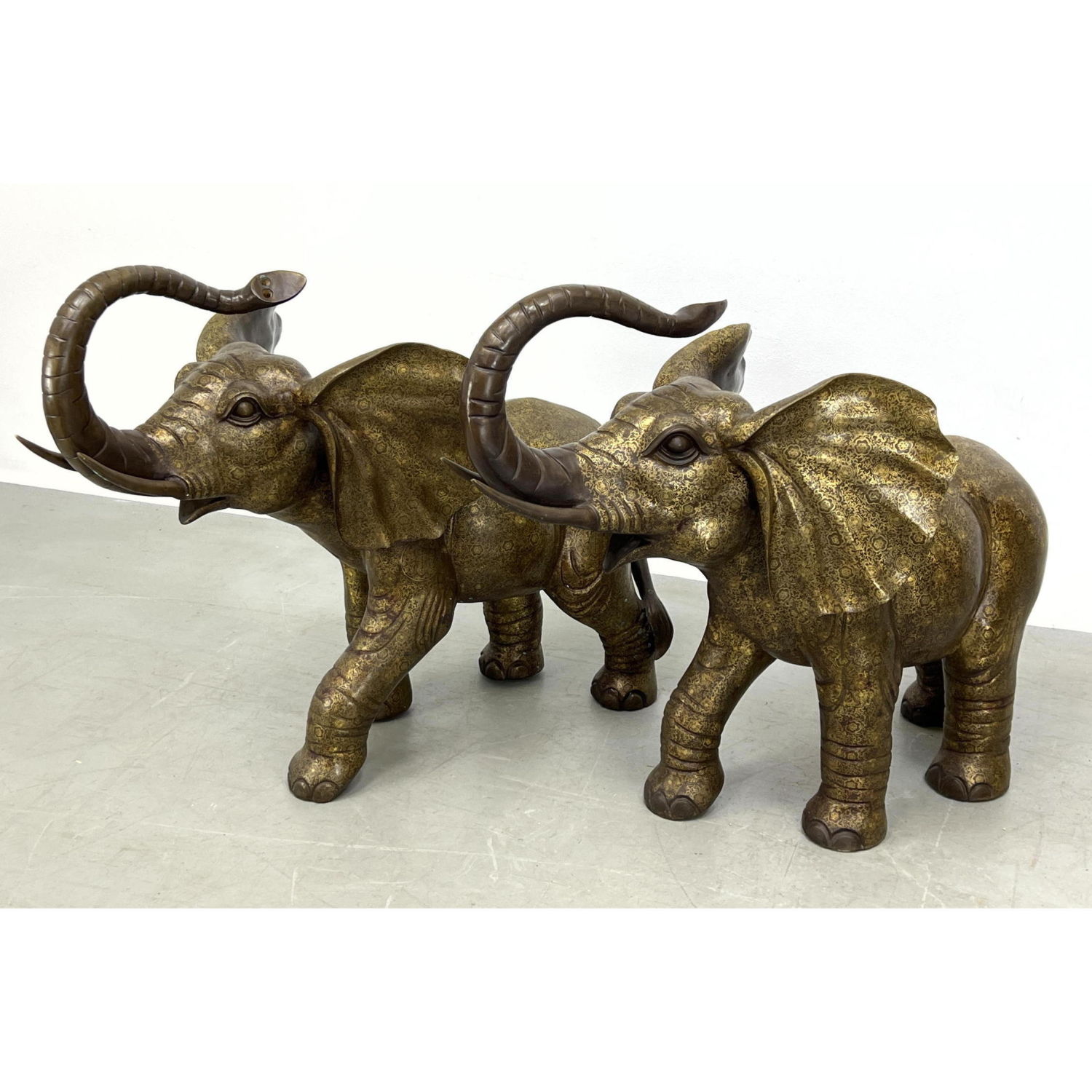 Appraisal: Pr Large Heavy Metal Elephant Statues Sculptures Metal Figures with