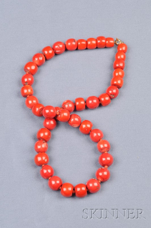 Appraisal: Coral Bead Necklace composed of forty-one barrel-shape coral beads graduating