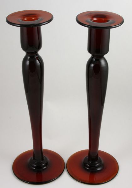 Appraisal: Pair of th Century monumental blown-glass candlesticks possibly by Pairpoint