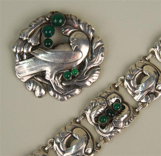 Appraisal: DANISH STERLING SILVER AND GREEN AGATE BRACELET and COMPLIMENTARY BROOCH