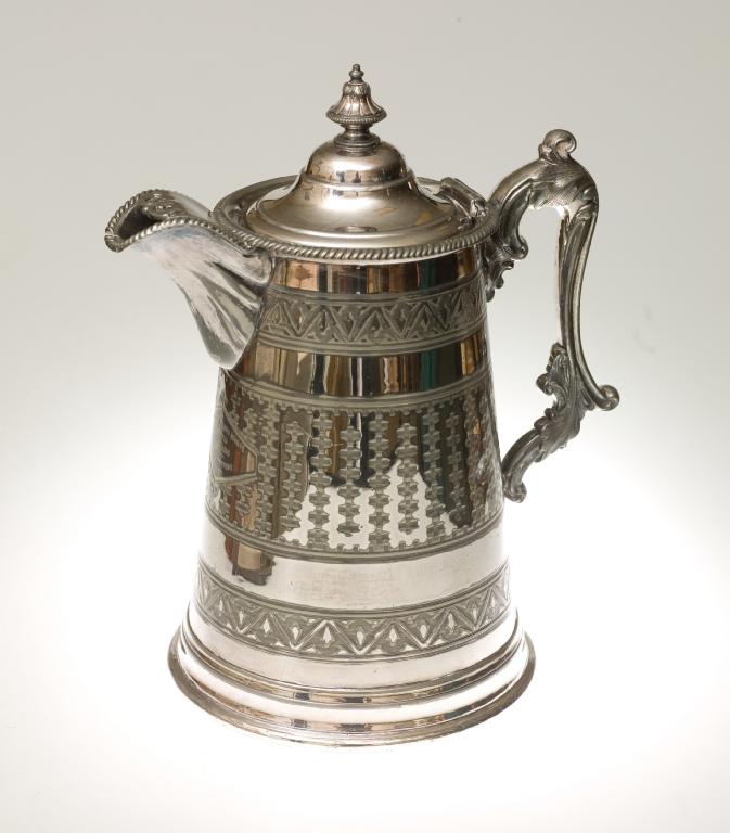 Appraisal: LARGE VICTORIAN SILVER-PLATED TROPHY JUG of tapering cylindrical form with