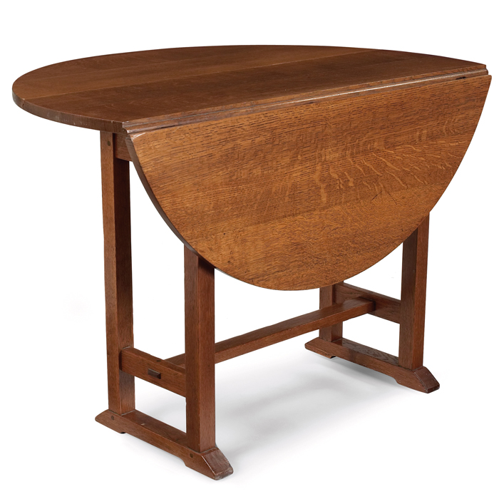 Appraisal: Gustav Stickley table drop-leafform on a shoefoot base lower stretchersupported