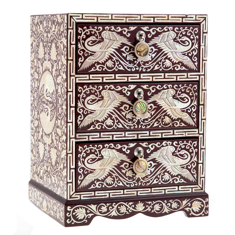 Appraisal: Korean mother-of-pearl inlaid jewelry chest three-drawer lacquer jewelry box with