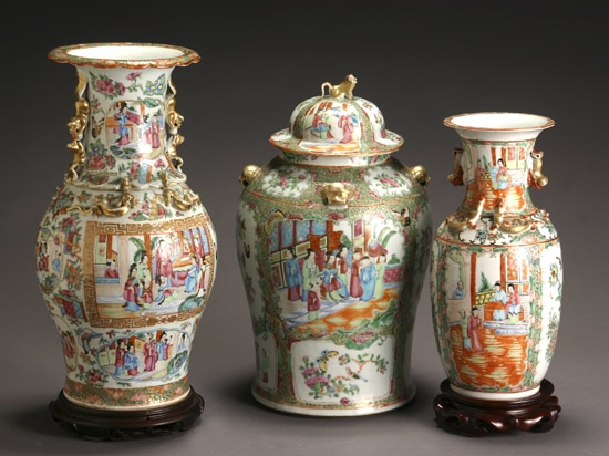 Appraisal: Two Chinese Export 'Rose Medallion' Vases and a Covered Urn