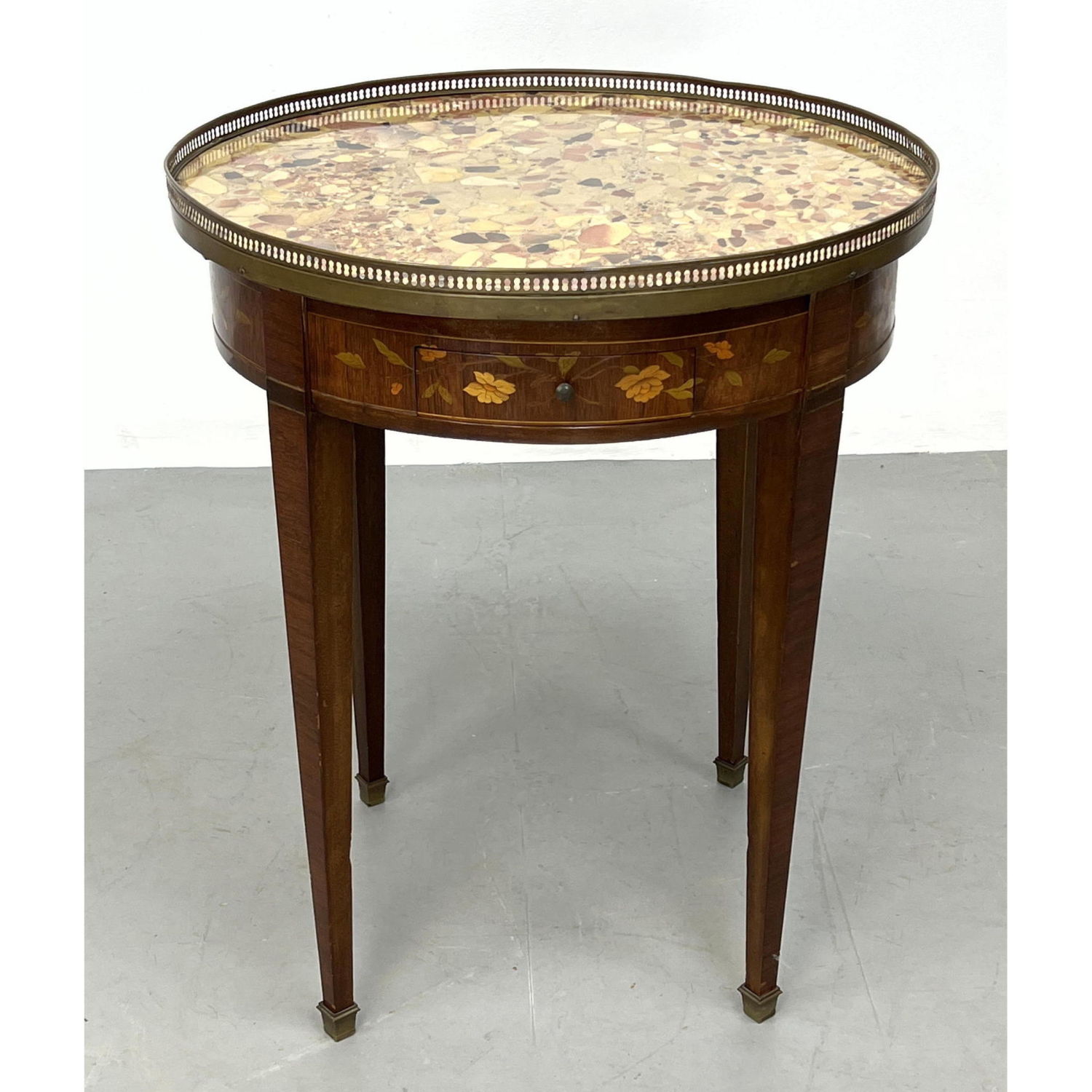 Appraisal: French style Marble Top Side Table Stand Marquetry inlay drawer