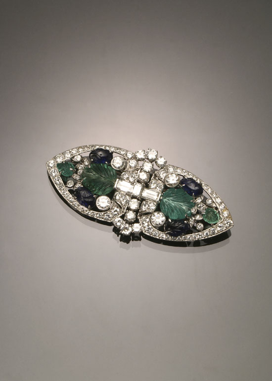 Appraisal: Art Deco Platinum Diamond Blue Sapphire and Emerald Brooch Circa