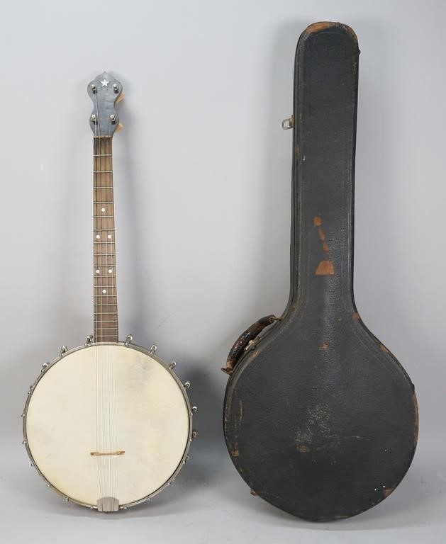 Appraisal: Four string tenor banjo Early th Century Mother-of-pearl star inlay