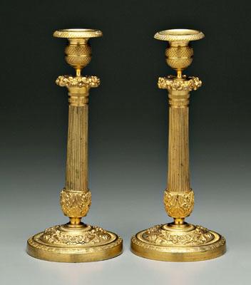 Appraisal: Pair Louis XVI brass candlesticks thistle shaped sockets above tapered