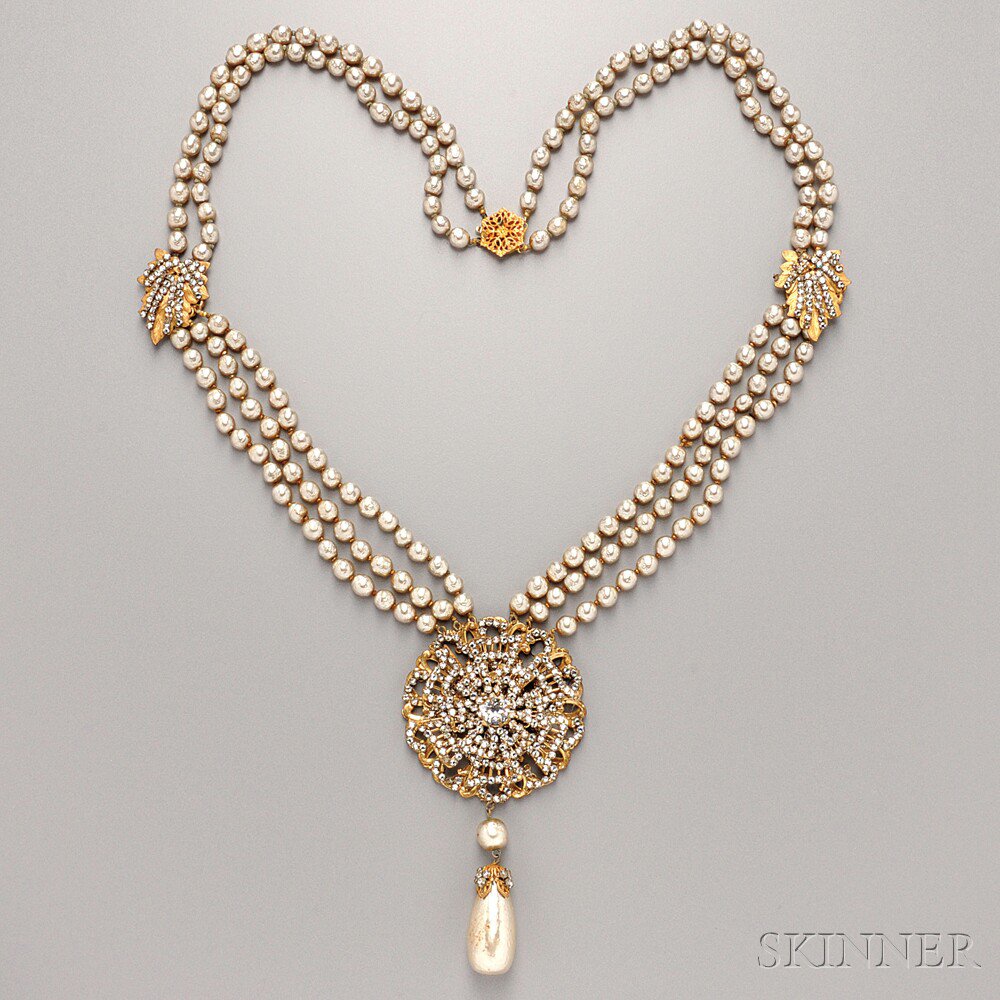 Appraisal: Miriam Haskell Gold-tone Pearl and Rhinestone Sautoir-type Necklace with two