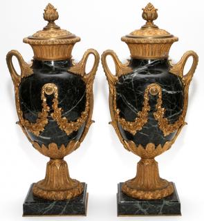 Appraisal: D'ORE BRONZE AND GREEN MARBLE URNS PAIR D'ORE BRONZE AND