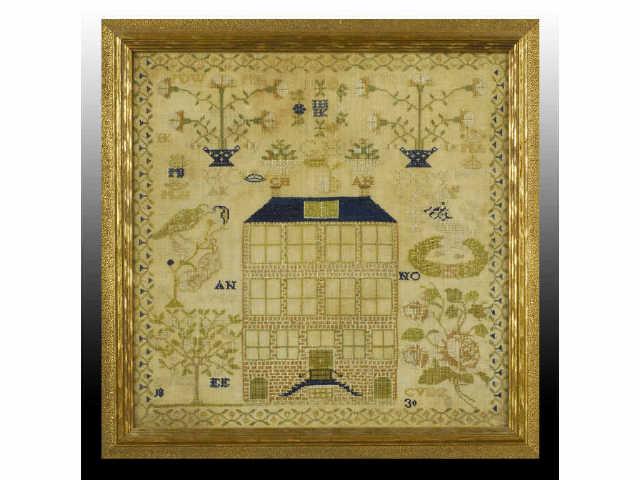 Appraisal: Brick Building Lion Crest Sampler Description English or American Initialed