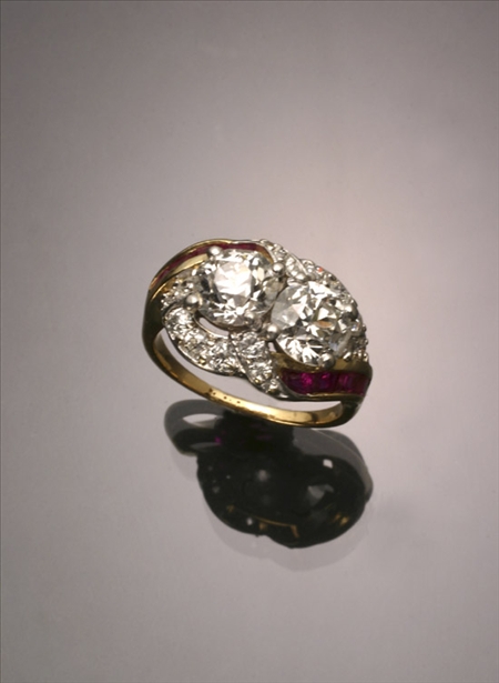 Appraisal: Tested -Karat Yellow-Gold Platinum Twin-Diamond and Ruby Dinner Ring Set