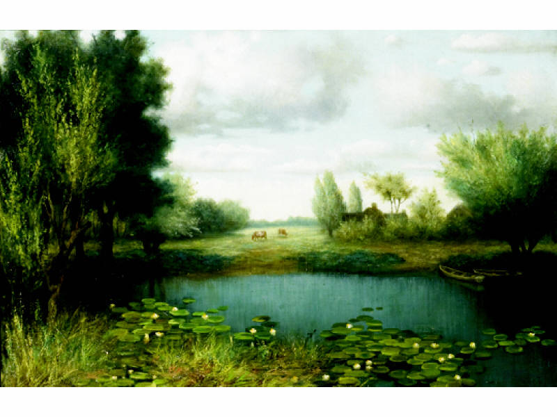 Appraisal: WILL J LOWRY AMERICAN Riverbank with waterlilies distant field with