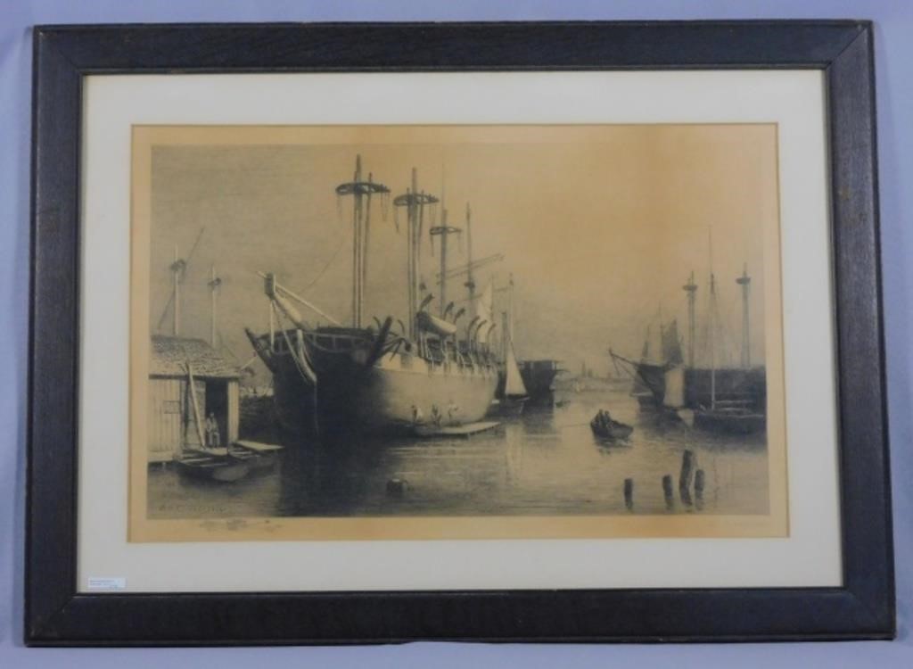 Appraisal: framed and glazed etching depicting a whaler at the dock