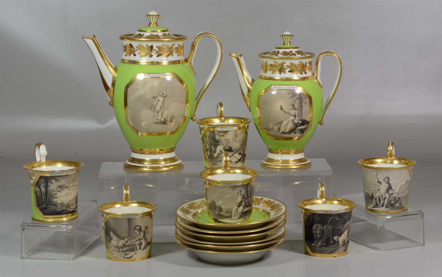 Appraisal: pcs Royal Vienna coffee service lime green background with grisaille