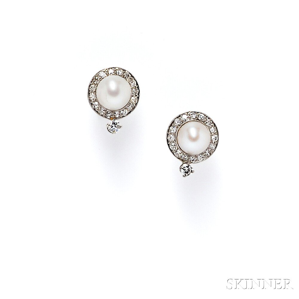 Appraisal: Platinum Pearl and Diamond Earrings the pearls measuring approx and