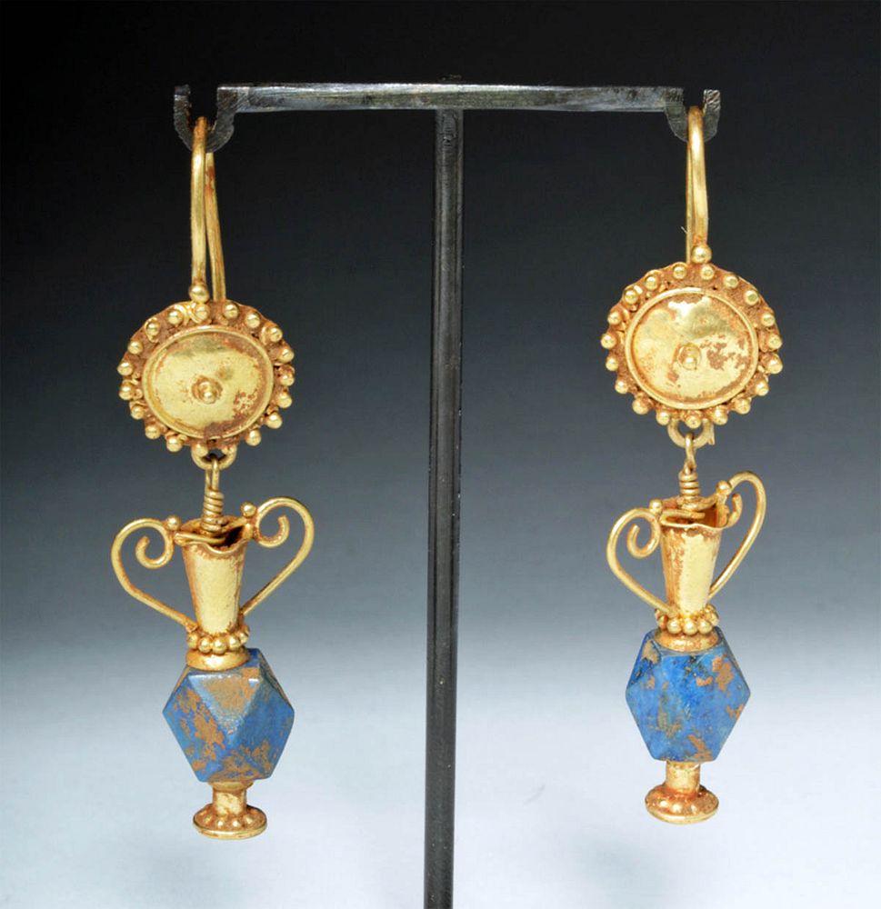 Appraisal: Amazing Hellenistic Greek Pair of Gold Lapis Earrings Greece Hellenistic