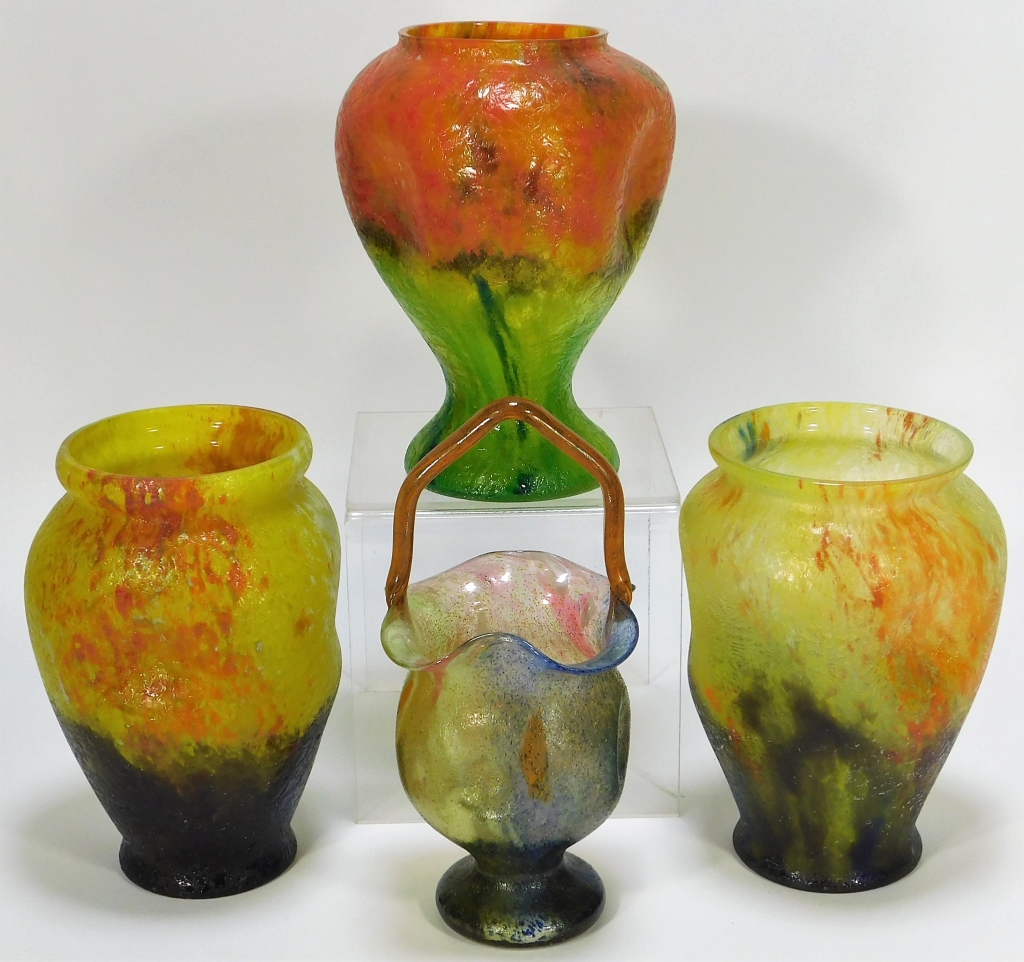 Appraisal: PC KRALIK GLUE CHIP BOHEMIAN ART GLASS VASE GROUP Bohemia