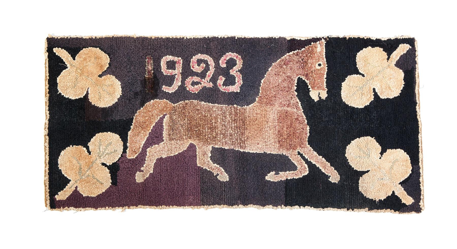 Appraisal: AMERICAN HOOKED RUG Early th century Dated with horse motif