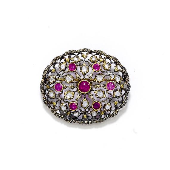 Appraisal: BURMA RUBY AND DIAMOND BROOCH ca Silver and yellow gold