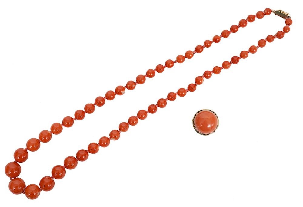 Appraisal: Natural Coral Beaded Necklace Cabochon Ring Natural salmon coral necklace