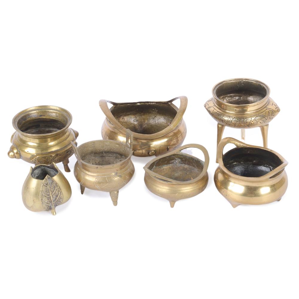 Appraisal: SEVEN CHINESE FOOTED BRASS GILT SENSORS WITH ETCHED DESIGNS H