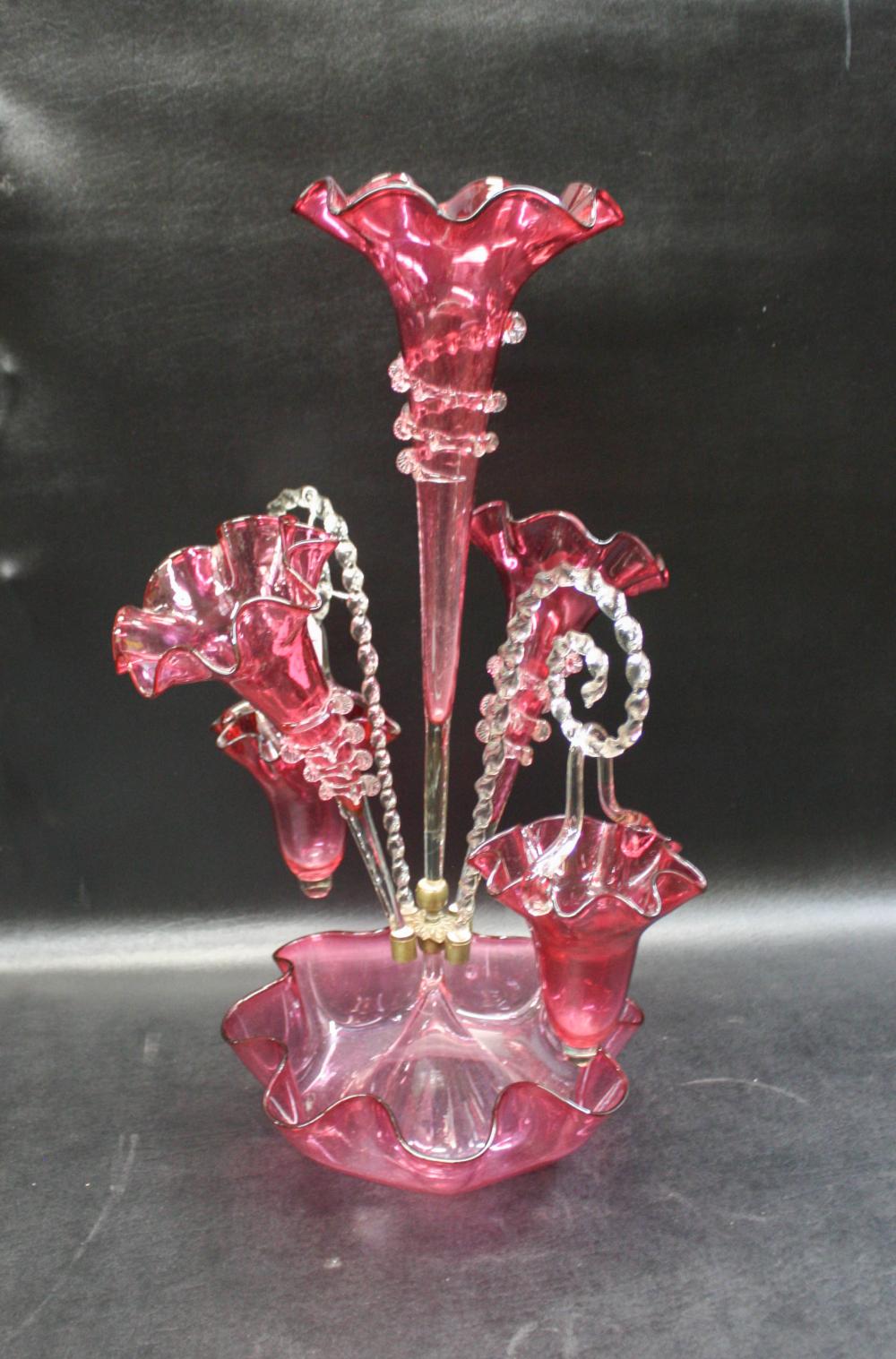 Appraisal: VICTORIAN CRANBERRY GLASS EPERGNE fitted with three trumpet form vases