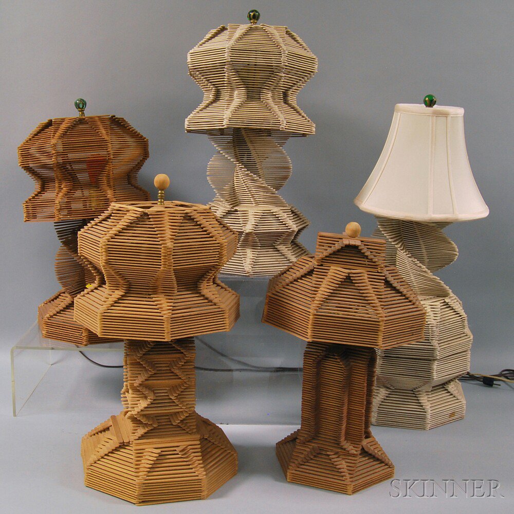 Appraisal: Five Mid-Century Crafted Table Lamps popsicle-stick-constructed geometric forms four with