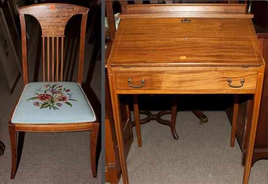 Appraisal: Victorian stringer and mother-of-pearl inlay mahogany desk and matching needlepoint