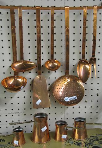 Appraisal: Group of copper serving utensils including slotted spoon dipper meat