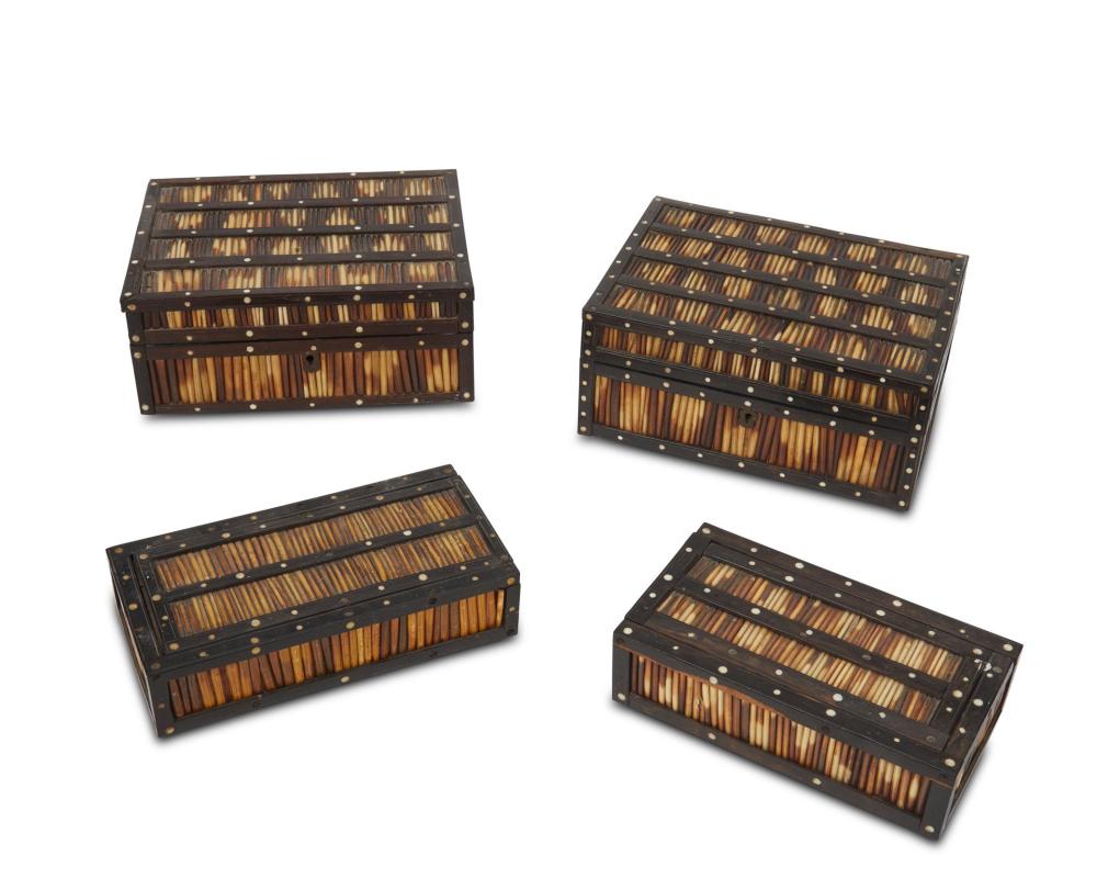 Appraisal: FOUR SINHALESE PORCUPINE QUILL AND EBONY BOXESFour Sinhalese porcupine quill