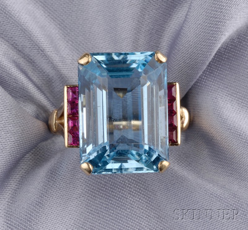 Appraisal: kt Gold Aquamarine and Ruby Ring prong-set with an emerald-cut